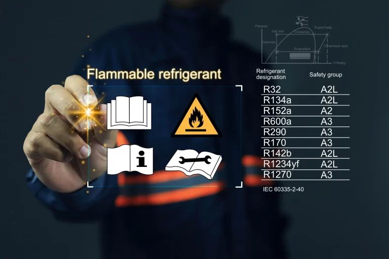 technician servicing commercial refrigeration system using A2L refrigerant