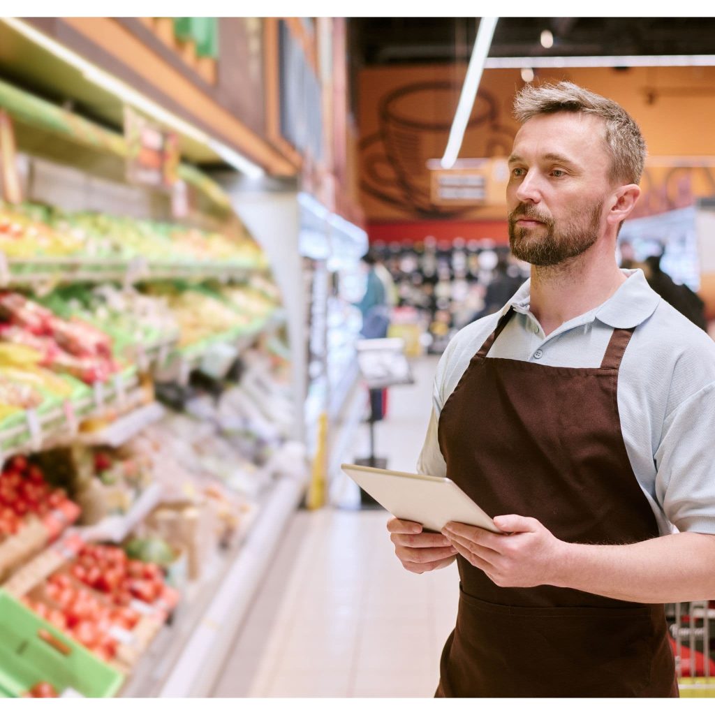 Grocery store manager checking produce inventory on a tablet